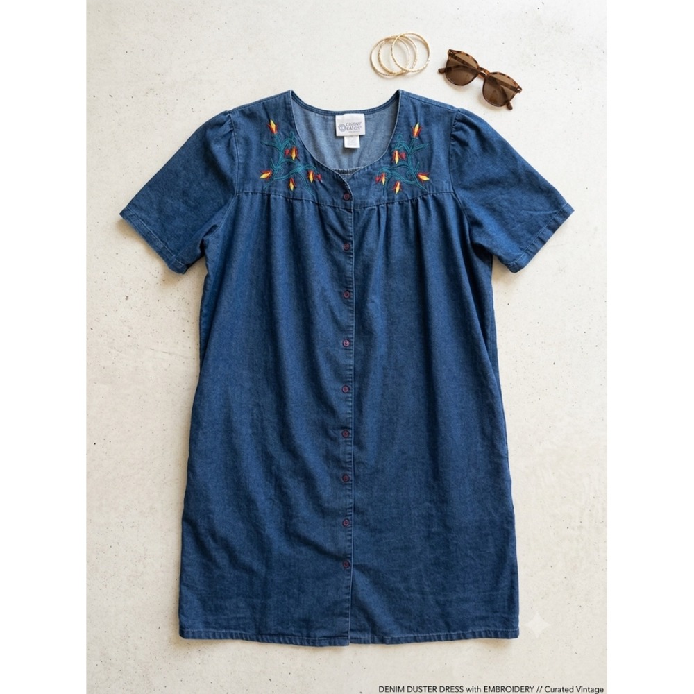 Cozee Corner Embroidered Chambray House Dress Floral Cotton 2X